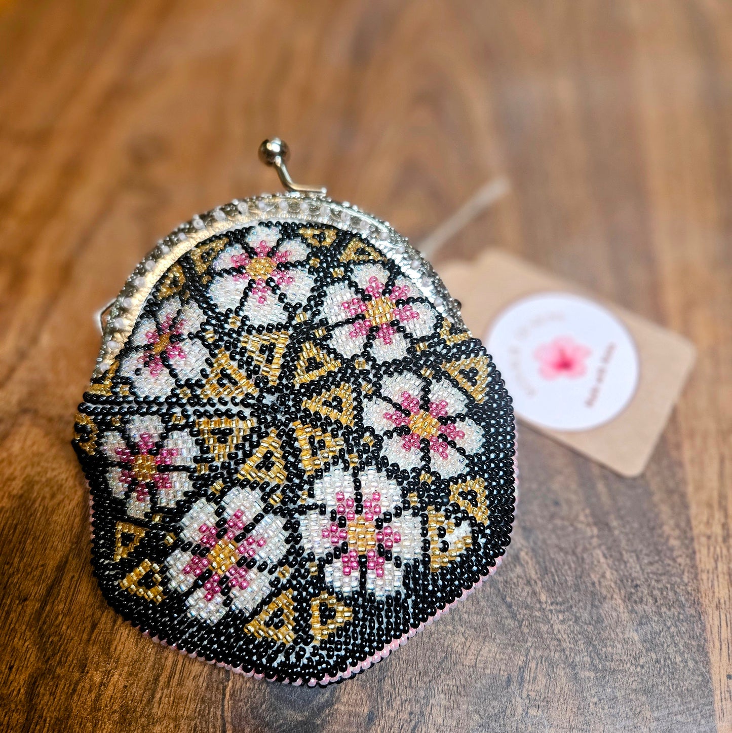 Hand-beaded Coin Purse (black floral)