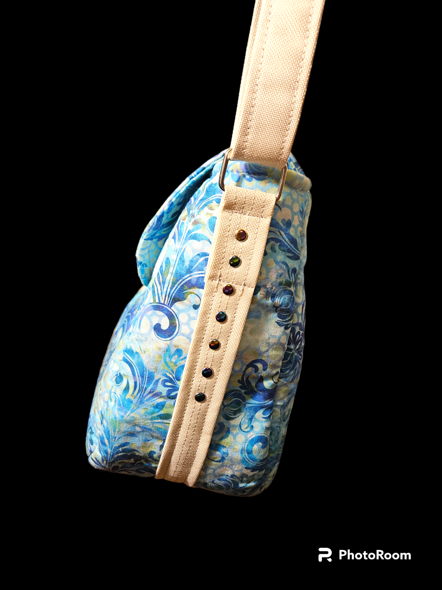 Blue floral messenger bag with divider pocket